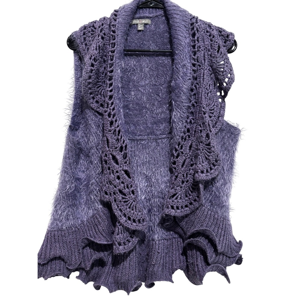 Roz & Ali Purple Crochet Eyelash Knit Ruffle Hem Wool Blend Vest Plus 18/20 boho